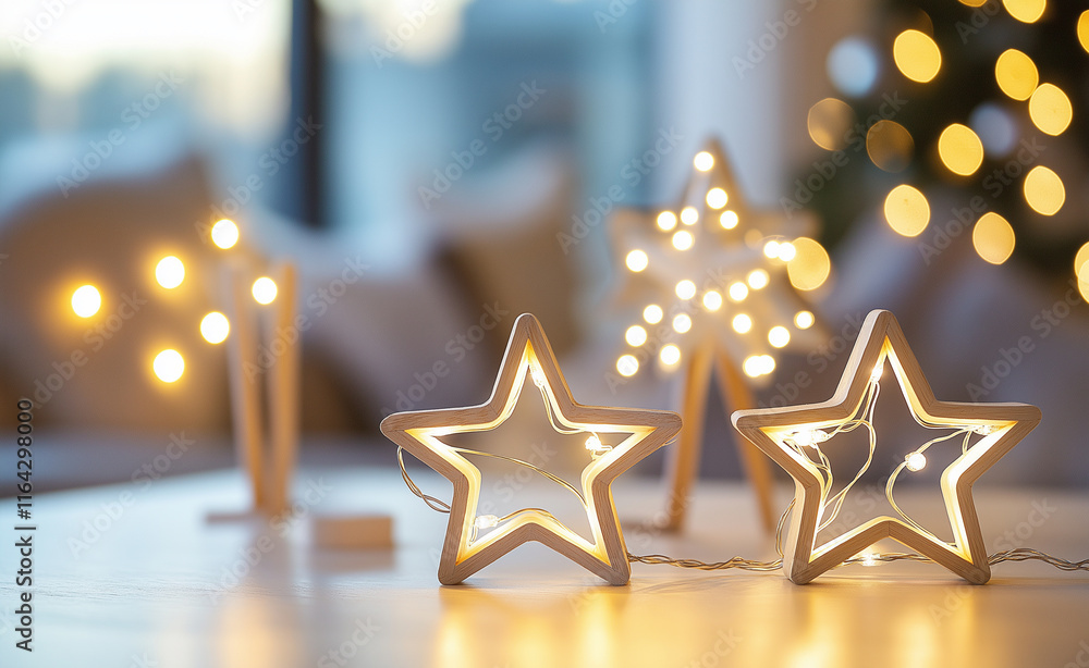 Poster decorative glowing star lights on a cozy table with a bokeh background, creating a warm and festive 