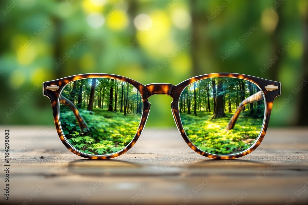 Aufkleber Close-up view of tortoiseshell glasses reflecting a lush green forest scene with blurred natural background.