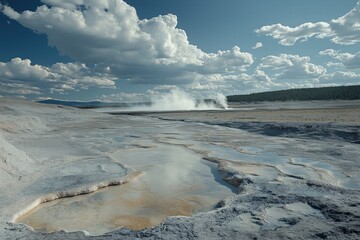 Naklejka premium Natural hot springs and steamy geysers in Yellowstone National Park under a dramatic sky