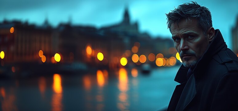 Serious middle-aged man in a dark coat by a river at dusk, with blurred lights in the background.
