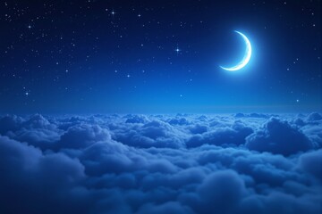 Crescent moon and stars illuminating a serene night sky above fluffy clouds in vivid blue tones.