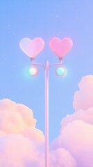 A whimsical image of pastel-colored heart-shaped balloons on a light pole, surrounded by fluffy clouds against a soft blue sky.