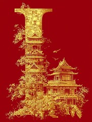 Obraz premium A series of golden illustrations of famous Chinese architecture form the shape of the letter L, with a pure red background, fine texture, more details, and realism 