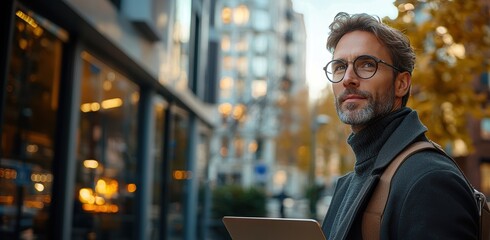Thoughtful middle-aged man with glasses holding a laptop in an urban setting.