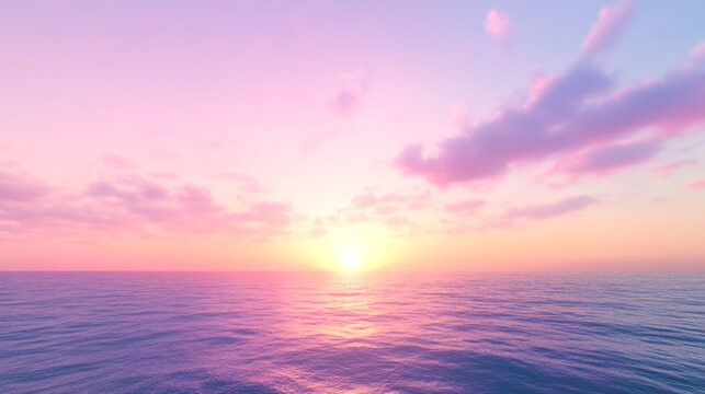 Serene pink sunset over calm ocean with soft clouds and gentle waves