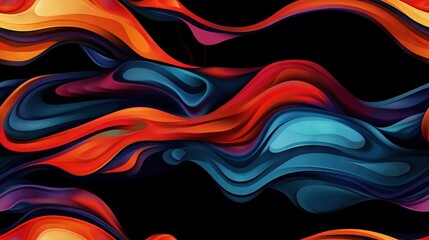 Fototapeta premium A black background with wavy patterns in orange, blue, and red on the left side, and an orange and blue wavy pattern on the right side
