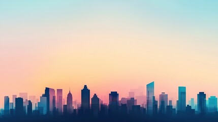   A city silhouette at sunset with a pink-blue sky in the background and a yellow-blue sky in the foreground