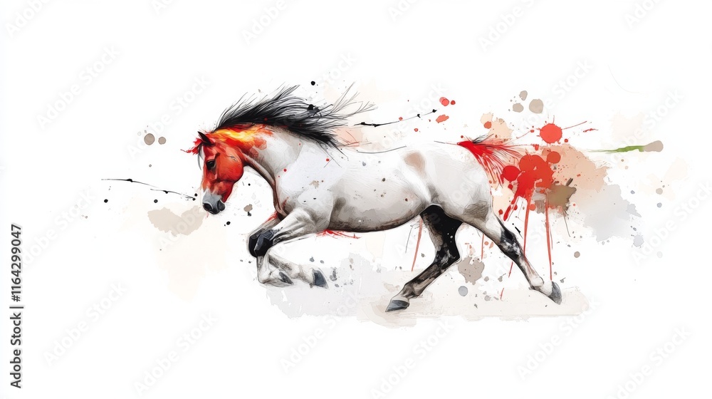 Poster horse in motion with colorful splashes creating an artistic representation
