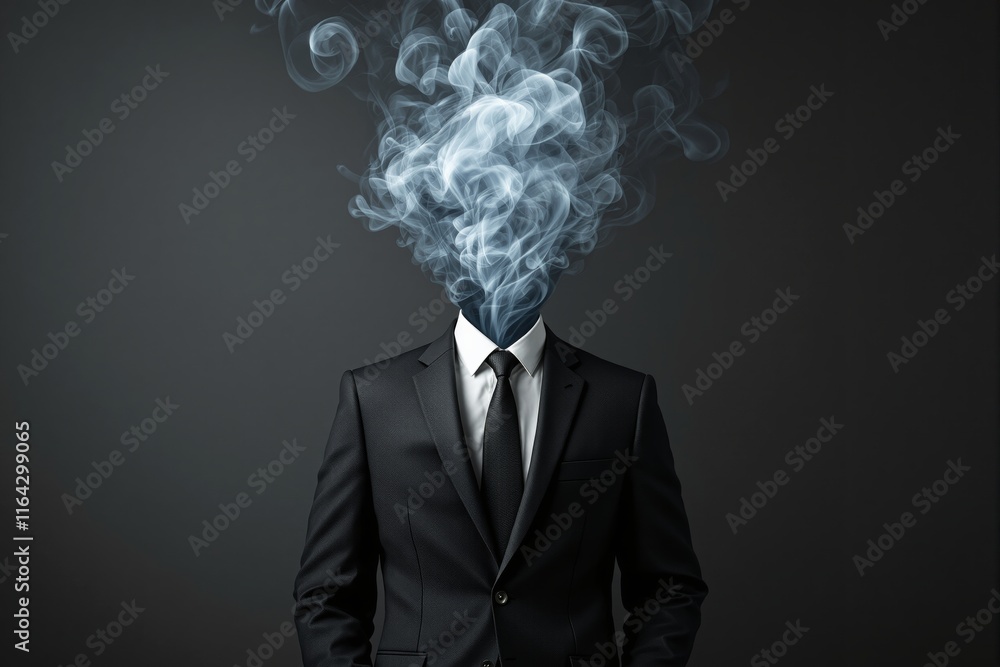 Poster Abstract image of a suited figure with a smoke-filled head on a dark background.