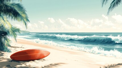 Obraz premium Red surfboard on tropical beach under palm trees.