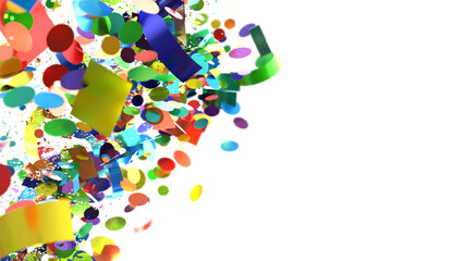 Abstract background with colorful confetti and streamers falling on a white background, perfect for celebrating special occasions.