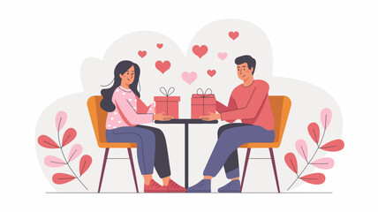 A flat vector illustration of two people sitting at a caf&eacute; table, exchanging gifts with heart-shaped decorations around them, celebrating Valentine&rsquo;s Day