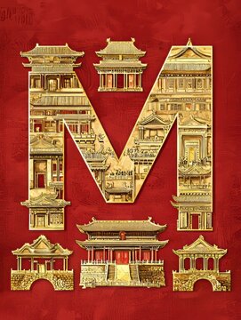 A series of golden illustrations of famous Chinese architecture form the shape of the letter M, with a pure red background, fine texture, more details, and realism 
