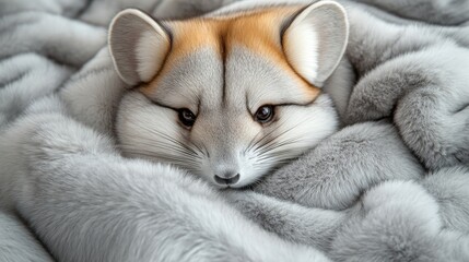 A close-up of a fox-like creature nestled in soft, gray fur.