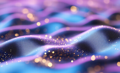 Abstract close-up of silky, wavy fabric with shimmering purple and blue hues and golden glitter...