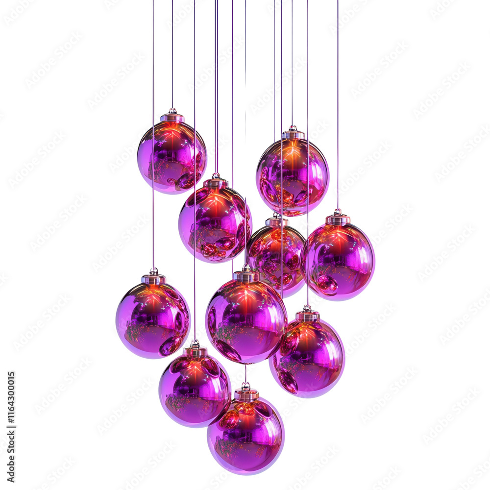 Poster a cluster of shiny purple ornaments hanging from thin strings, reflecting light and adding a festive