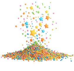 Fototapeta premium Colorful stars and small beads are cascading from above, forming a vibrant mound of playful shapes.