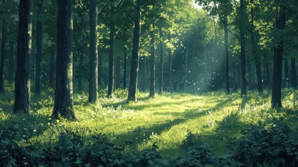 Fototapeta premium Sunlit forest path, green trees, summer sunlight.
