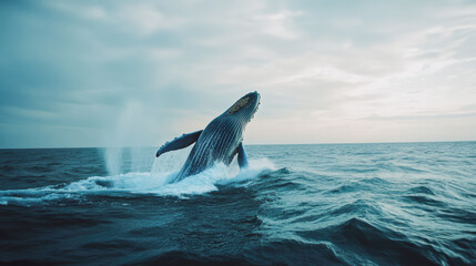 Fototapeta premium Majestic humpback whale breaching in ocean under cloudy sky at sunset