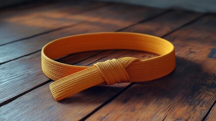 Yellow martial arts belt on wooden floor.