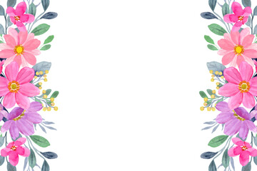 Watercolor flowers background for design. Floral border frame card template.