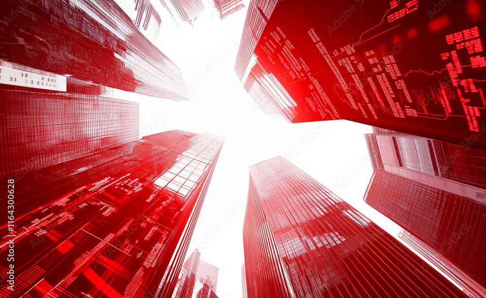Poster abstract view of red-tinted skyscrapers and glowing data patterns converging toward a bright white l