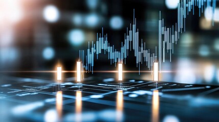 Candlestick chart demonstrates market fluctuations and trading activity, featuring a blue theme rich in financial data for business insights