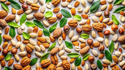 Blanched Almonds and Unshelled Nuts on White Background - Drone Photography of Nut Varieties, Healthy Snacks, Culinary Ingredients, Natural Foods for Stock Images and Marketing