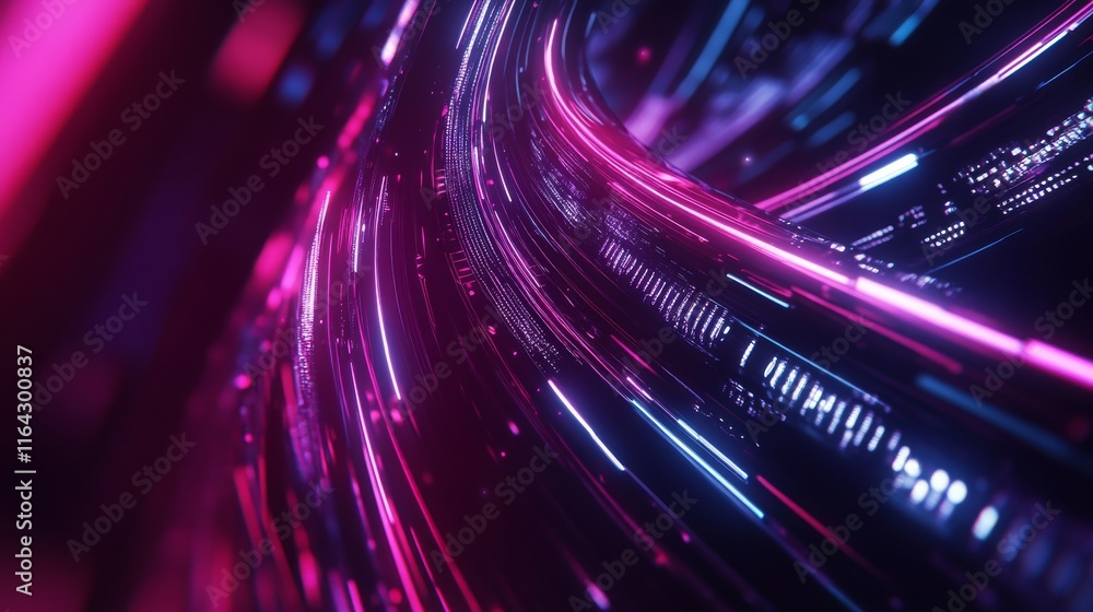 Fototapete Colorful neon lines swirl through a dark environment, creating a vibrant display of light. The flowing patterns evoke a sense of motion and energy, perfect for digital art themes