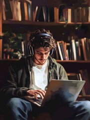 Young man student with laptop and headphones indoors at home, studying.