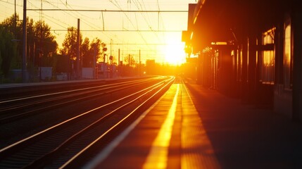 Bright orange sunlight bathes empty train tracks as a new day begins at a serene station, creating a peaceful atmosphere and inviting travelers