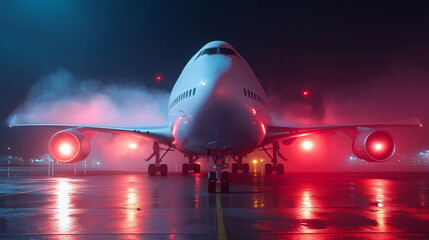 Airplane on a runway during a foggy night illuminated by glowing red navigation lights.
