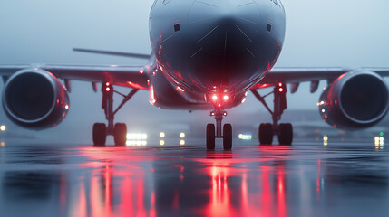 Airplane on a runway during a foggy night illuminated by glowing red navigation lights.