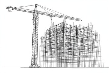 Construction crane and building framework blueprint on white background.