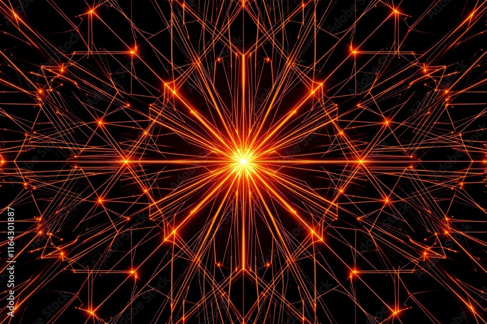 Poster abstract glowing geometric pattern with orange light beams on dark background.