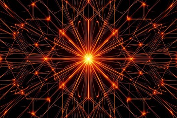 Fototapeta premium Abstract glowing geometric pattern with orange light beams on dark background.