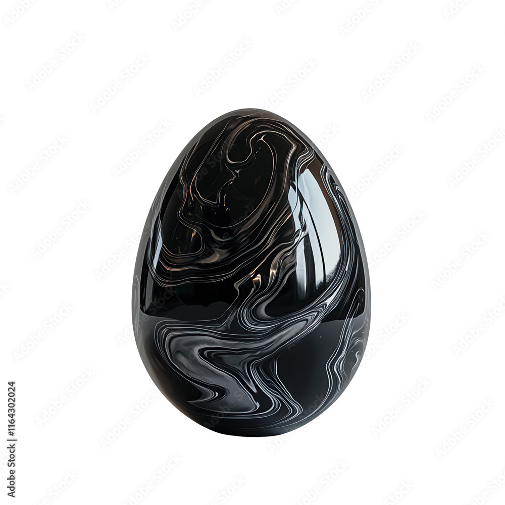 Poster a glossy, marbled black egg-shaped object with swirling patterns, reflecting light in a smooth finis