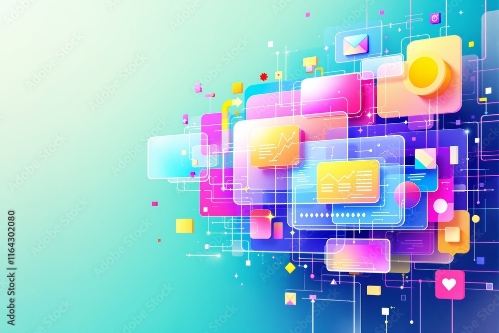 Aufkleber Abstract colorful digital interface concept with transparent shapes and floating elements on gradient background.