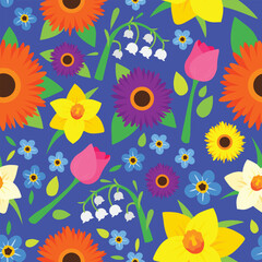 Obraz premium A seamless floral pattern featuring daffodils, tulips, forget-me-nots, gerbera daisies, and lily of the valleys. Perfect for spring-themed designs, gift wrapping, or digital scrapbooking.