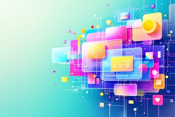 Abstract colorful digital interface concept with transparent shapes and floating elements on gradient background.