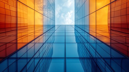 Low angle view of modern glass skyscraper reflecting warm and cool tones of sunset.