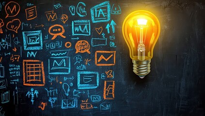 A modern blackboard with vibrant blue and orange chalk doodles of marketing concepts and AI-powered strategies