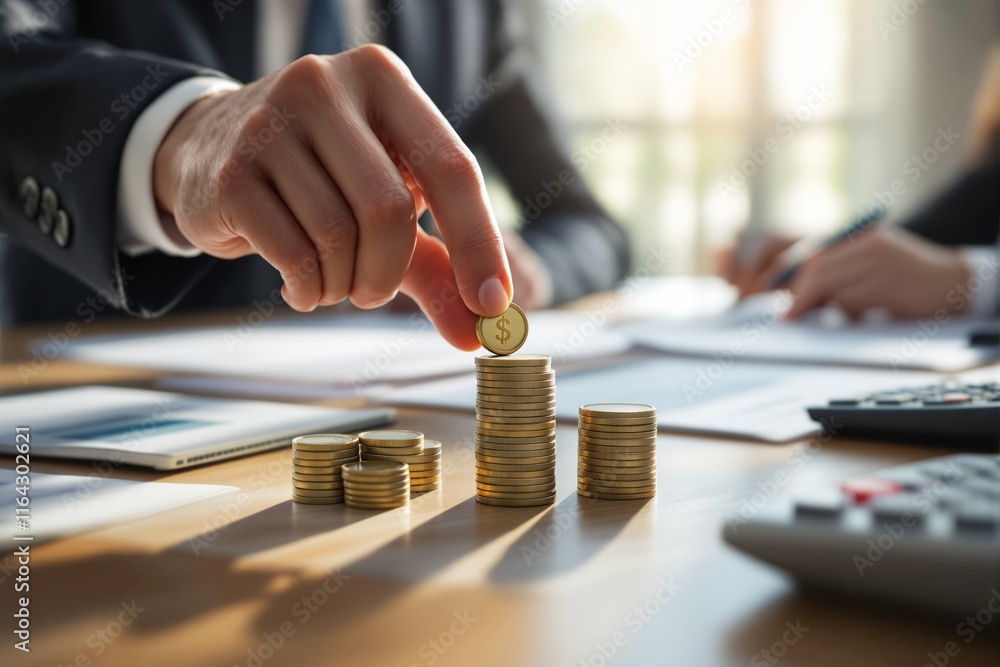 Poster hand stacking gold coins on a desk in a business setting with documents, calculator, and soft natura