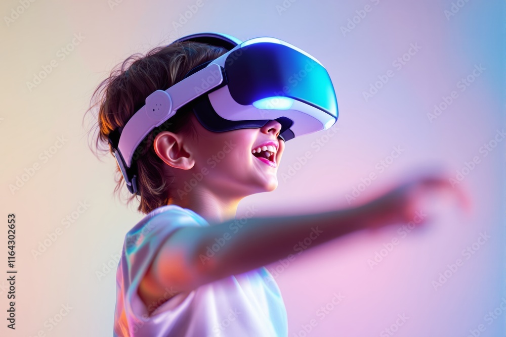 Poster Child enjoying virtual reality experience wearing VR headset, smiling brightly with colorful light background, concept of futuristic technology.