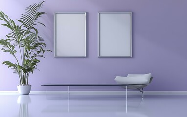 Fototapeta premium Minimalist purple room interior with two blank frames, plant, and bench.