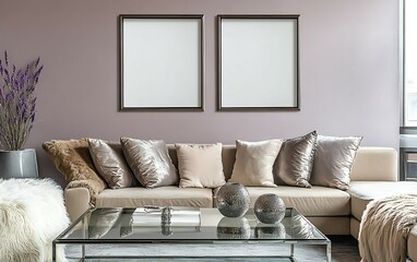Modern living room interior with beige sectional sofa,  glass coffee table, decorative pillows, and two blank frames on mauve wall.