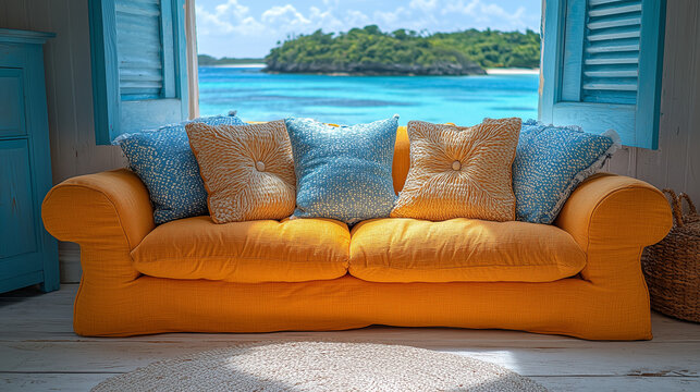 A cozy yellow couch with pillows, set against a bright beachside view through open windows.