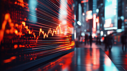 Urban street scene with glowing orange stock market graphs reflected on glass buildings at night.
