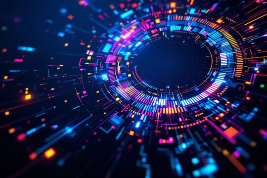 Abstract circular futuristic design with bright vibrant neon lights on a dark background.