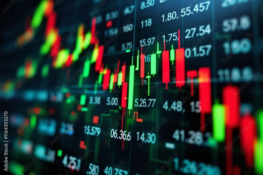 Aufkleber abstract financial stock market chart background with red and green candlestick patterns on a dark s
